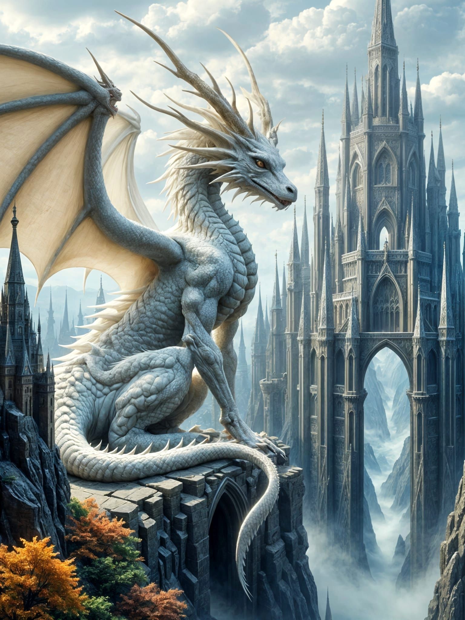 Ethereal Dragon Sits Regal on Castle Walls