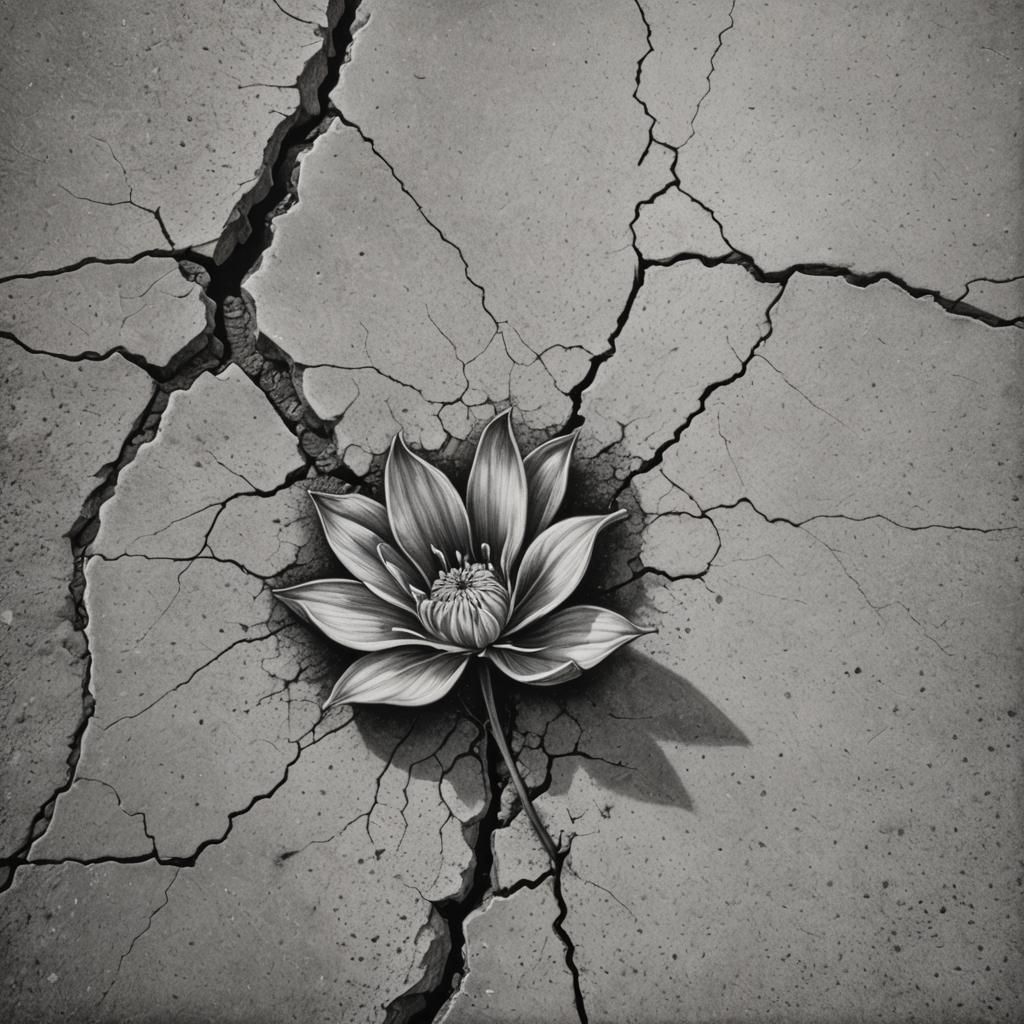 Charcoal Flower Emerges from Concrete Crack