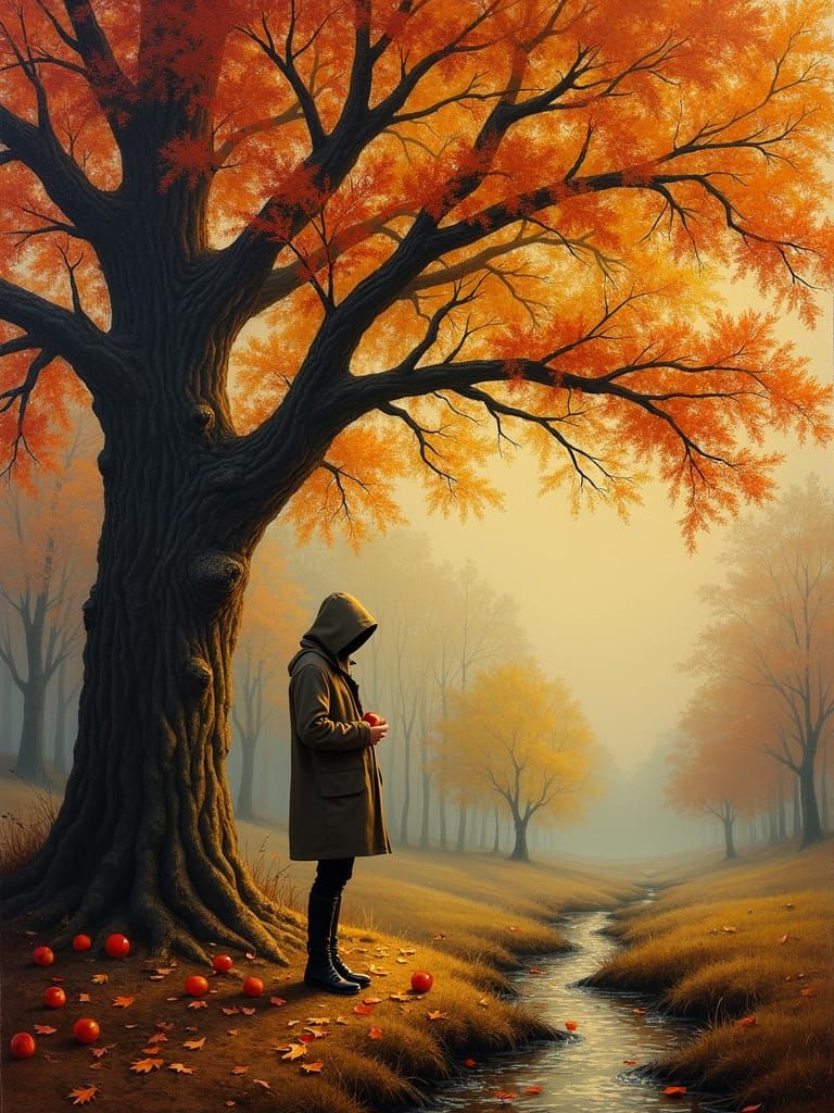 Autumnal Figure with Apple: Impressionist Oil Painting