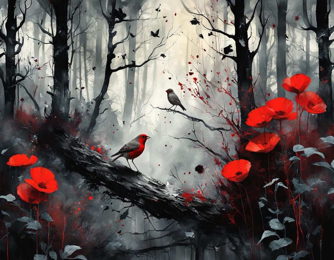 Mysterious Foggy Forest with Robin and Dark Flowers