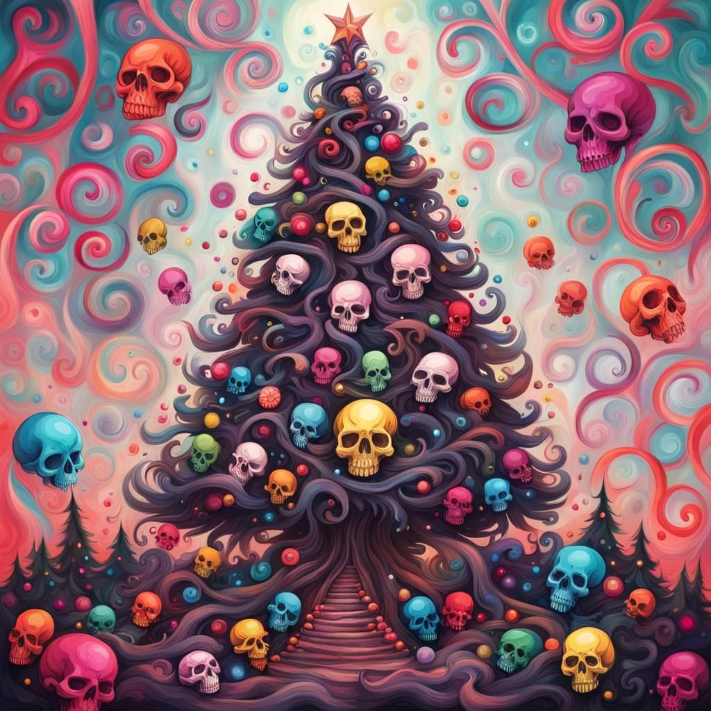 Gothic Skull Christmas Tree in Gouache Wonderland