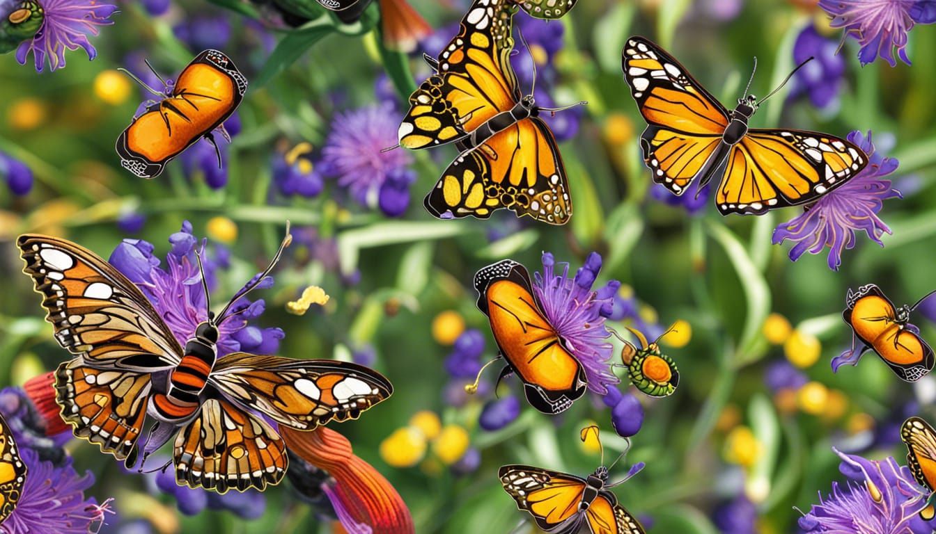 Colorful Butterflies Pollinating Flowers in a Garden
