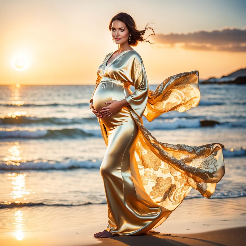 Pregnant Woman in Kimono at Sunset