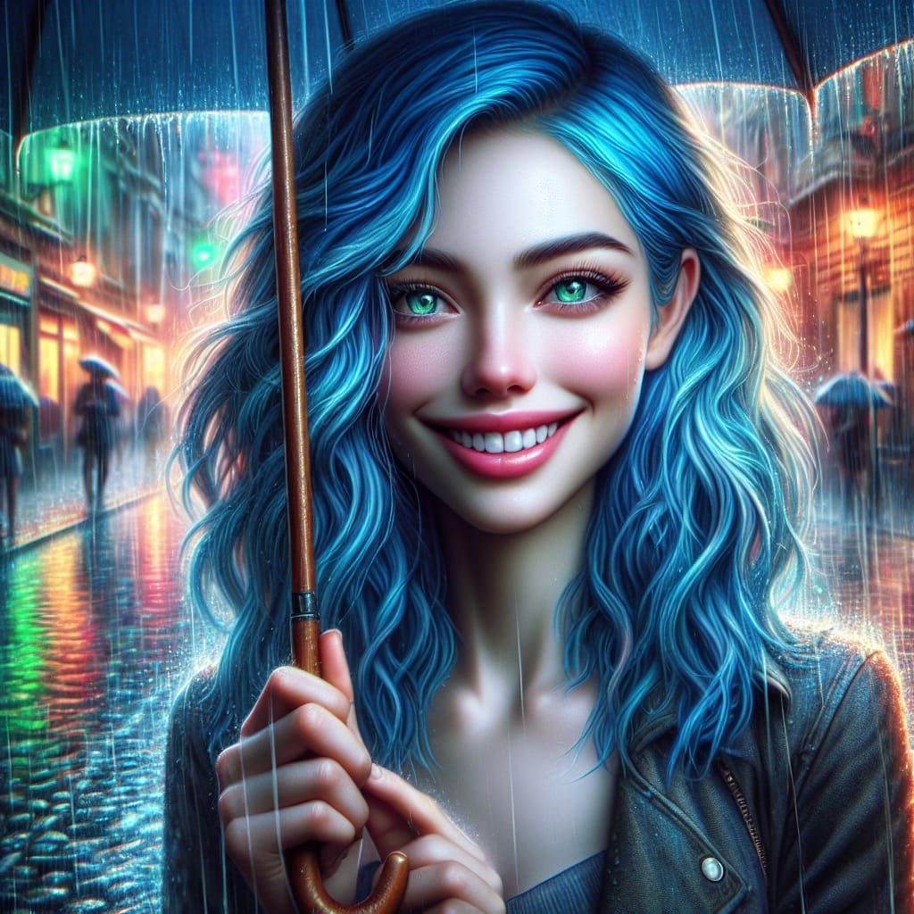 Smiling Girl in Rain: Hyperrealistic Oil Painting