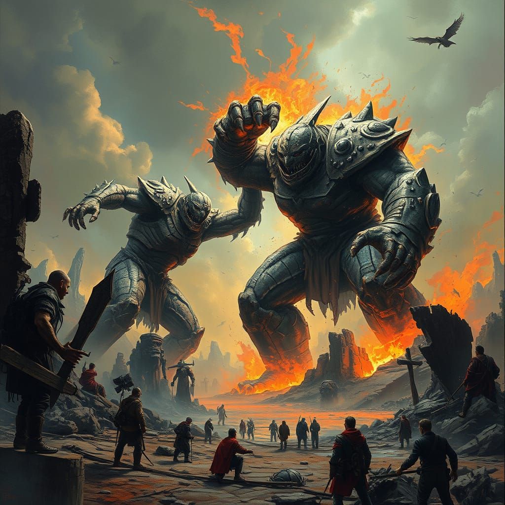 Colossal Titans Engage in Epic Dark Fantasy Battle