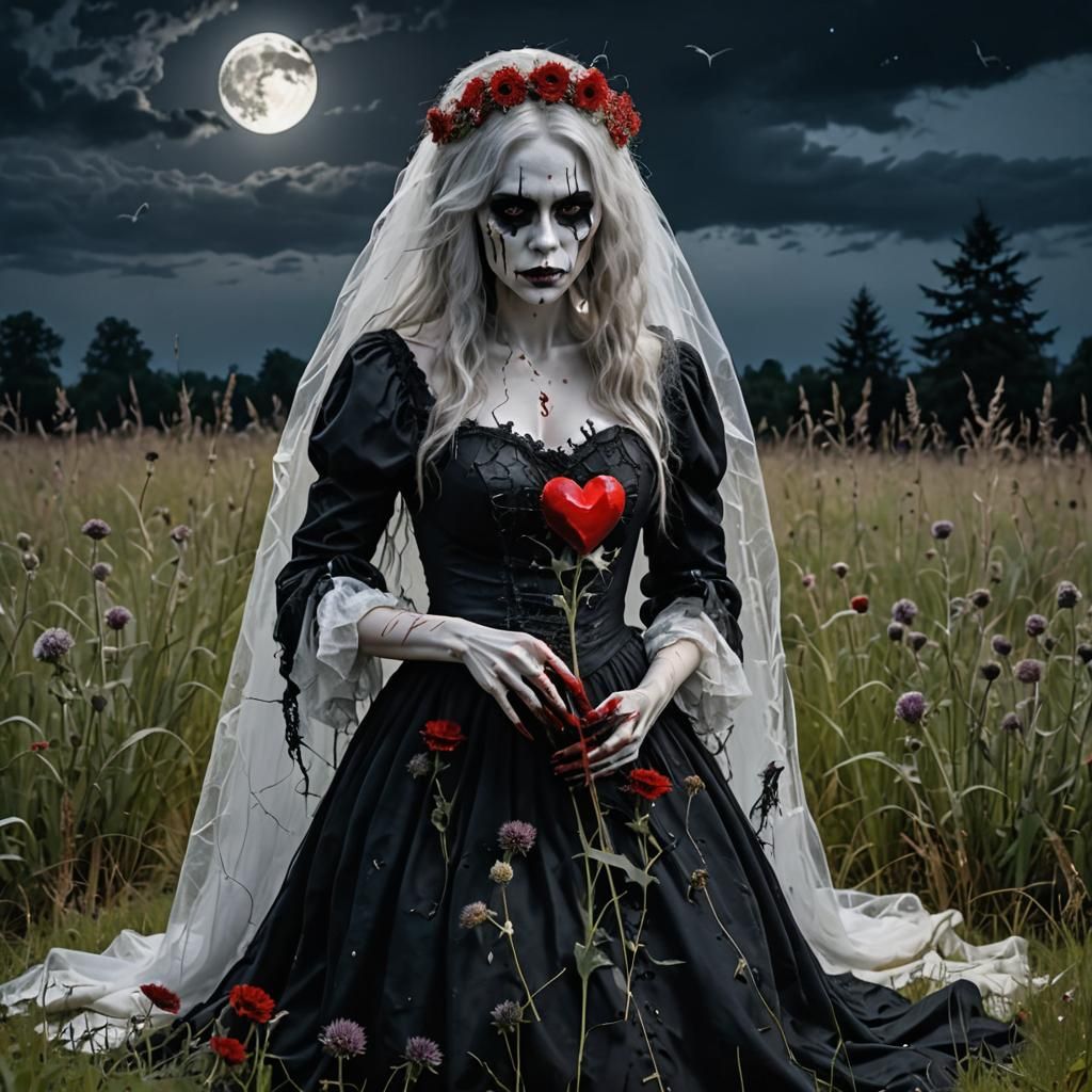 Creepy Ghost in Torn Wedding Dress With Bloody Heart