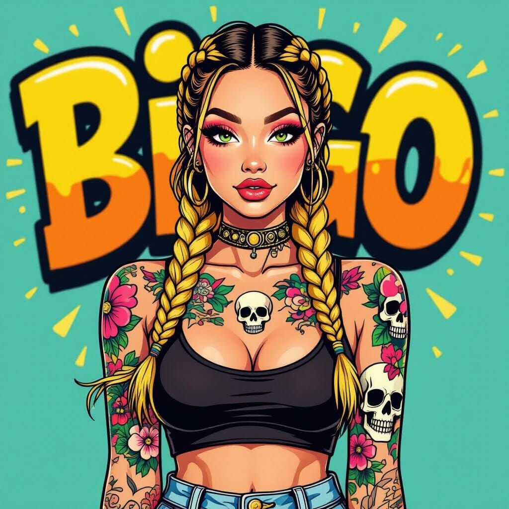 Girl with Gold Braids and Skull Tattoos