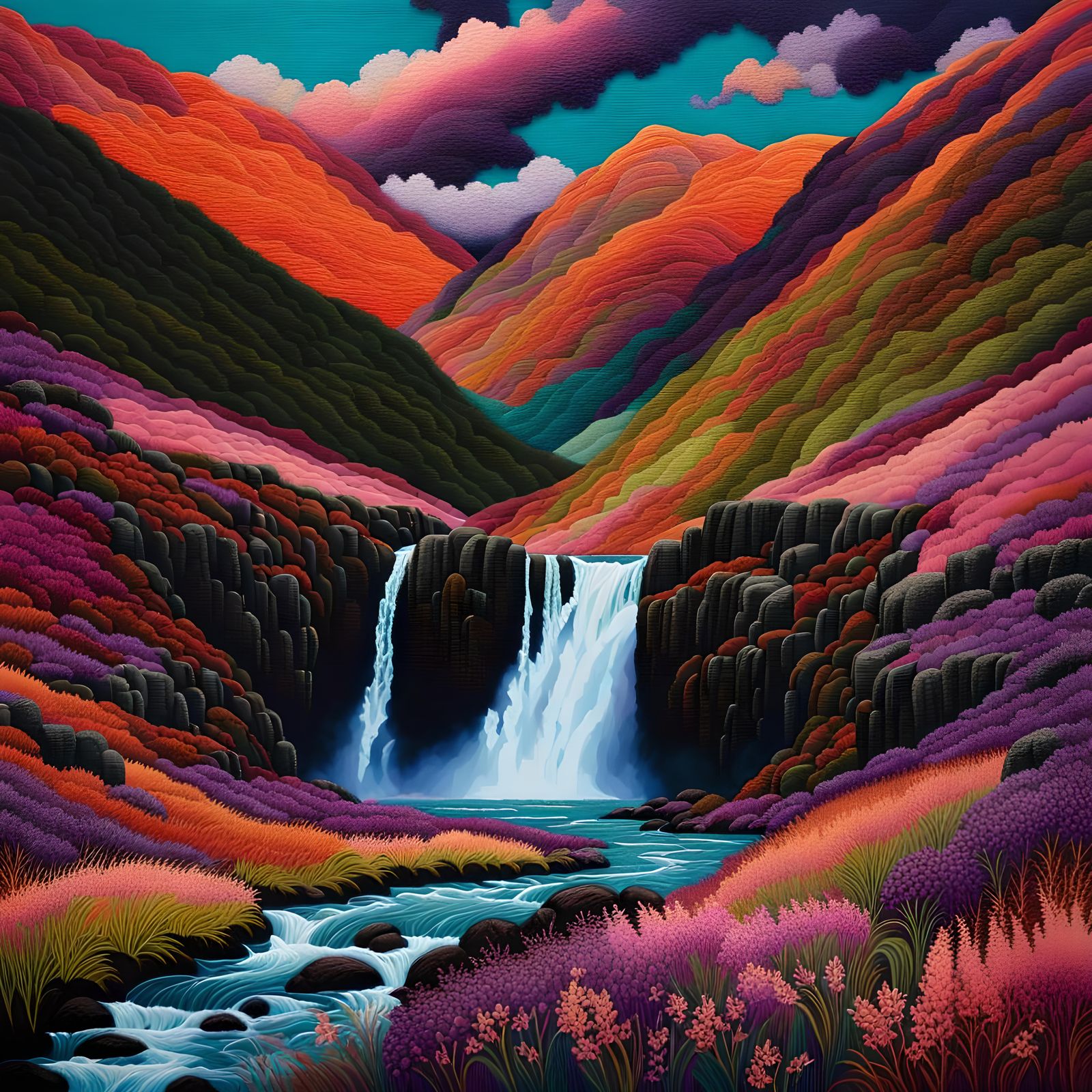 Scottish Landscape Collage in Peach, Teal, and Purple