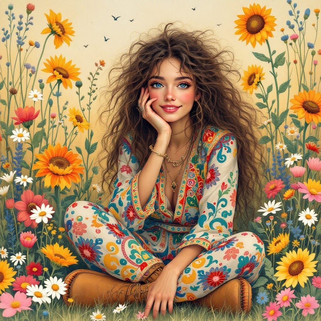 Serene Hippie Woman in Psychedelic Attire, Flashing Peace Si...