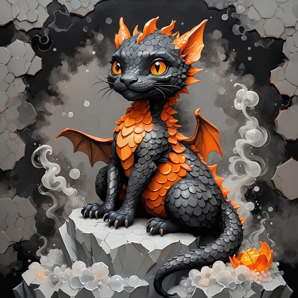 Orange Dragon on Sleeping Cat: Impasto Illustration