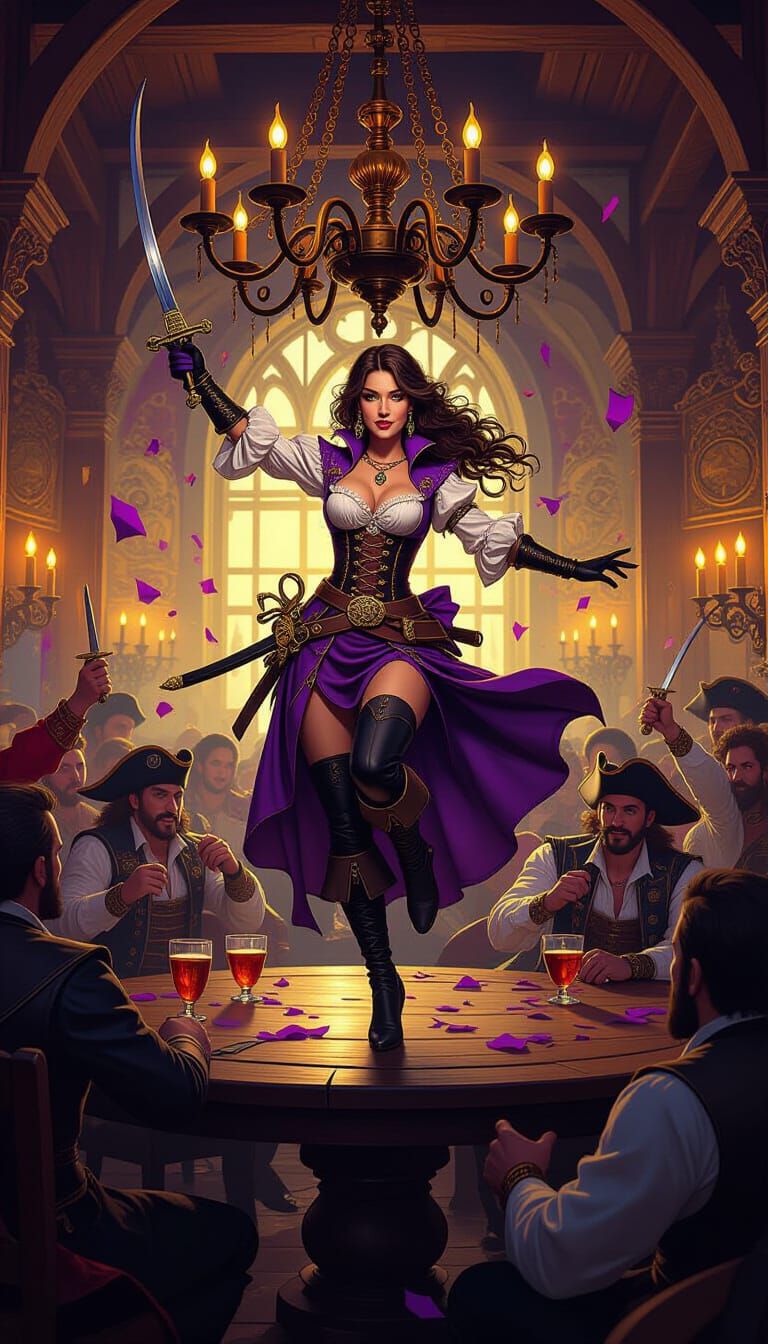 Pirate Woman in Tavern Brawl, Dark Fantasy Art