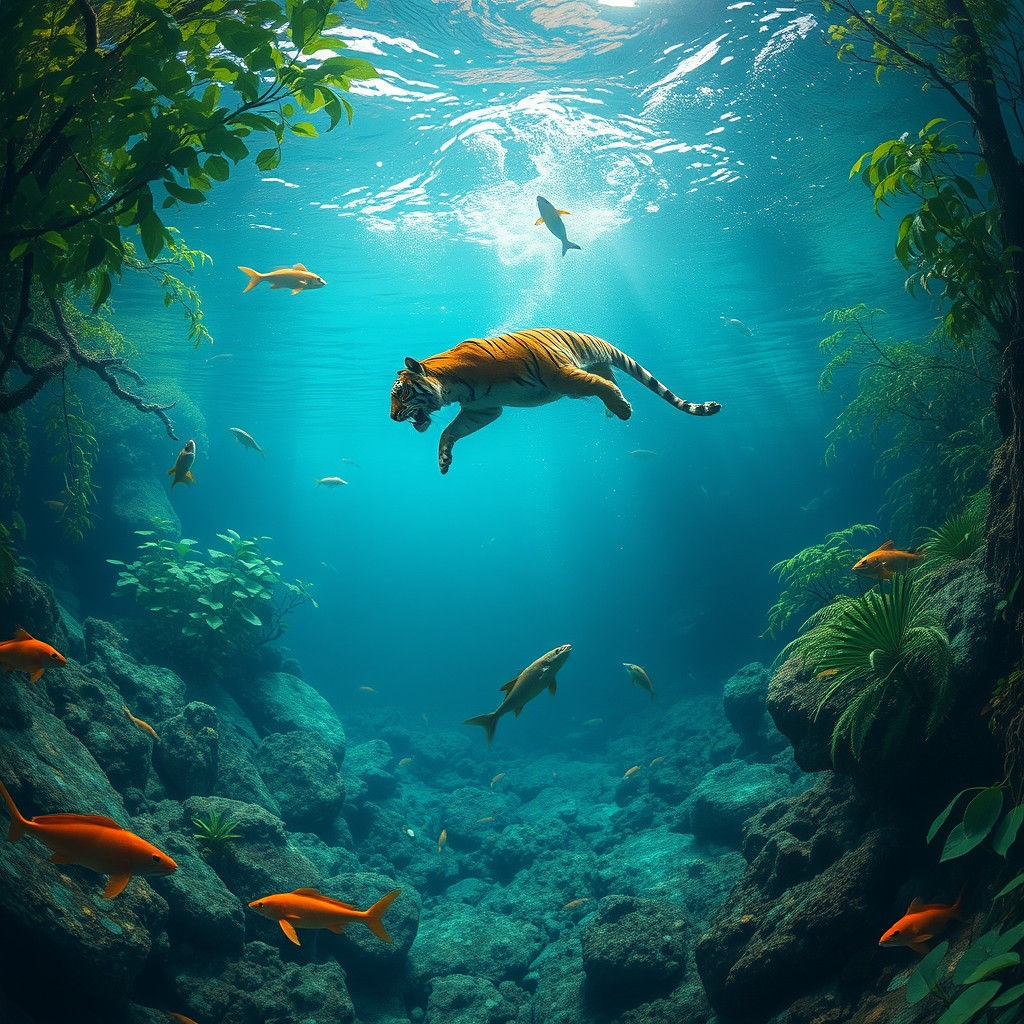 Underwater Jungle River with Swimming Tiger