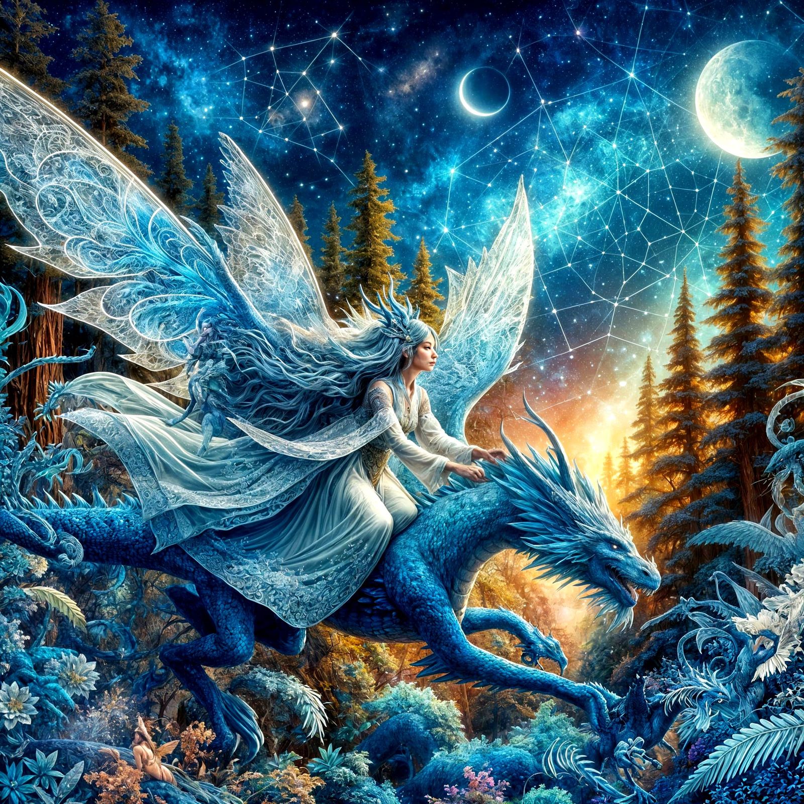 Woodland Fairy Soaring on Dragon over Enchanted Forest