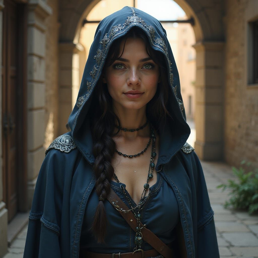 Enigmatic Rogue Maiden in Dark Blue Cloak