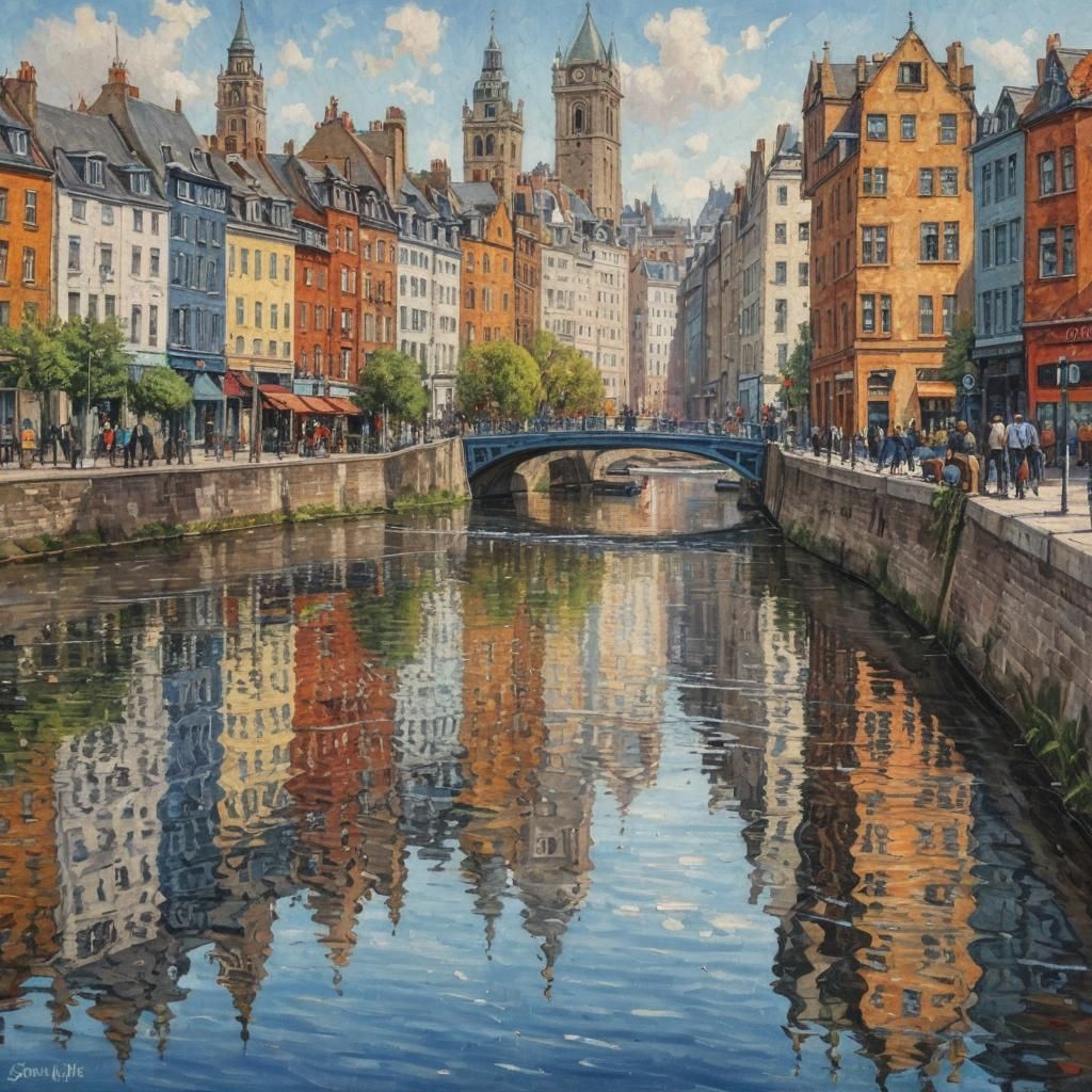 City Skyline Reflection in Oil Painting