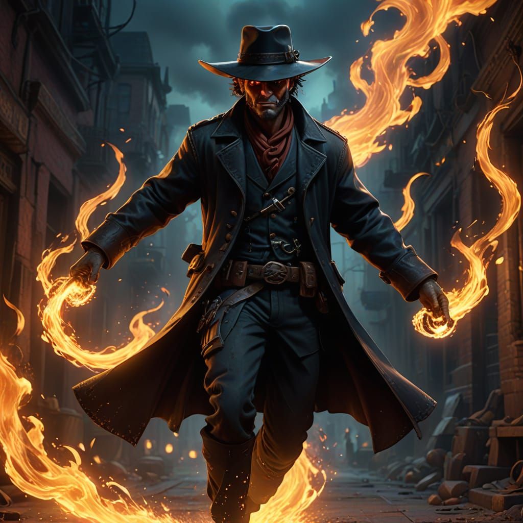 Cinematic Outlaw Demon Runs from Flames in Neon-Lit Vortex