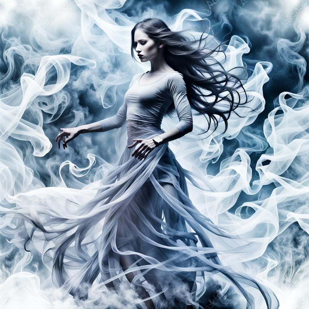 Surreal Smoky Female Figure Dancing in Mist