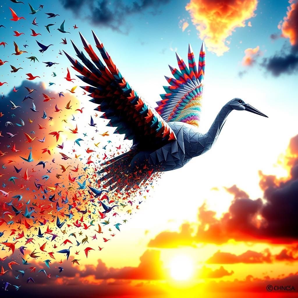Origami Sandhill crane soaring in the sky