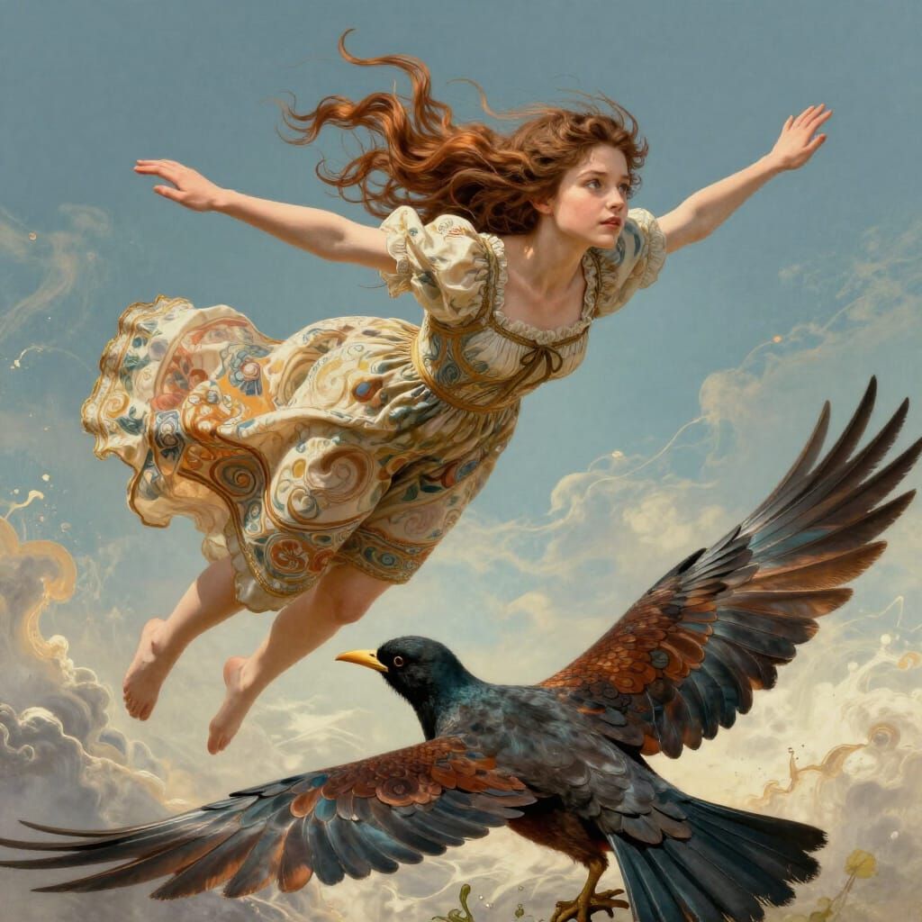 Girl Flying on Giant Bird in Dynamic Concept Art Style