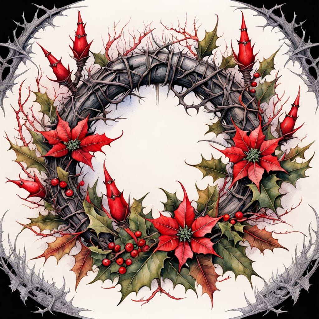 Thorny Gothic Floral Wreath in Warm Watercolors