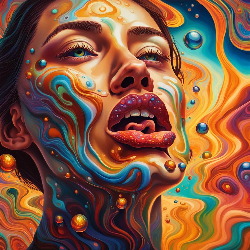 Surreal Woman Licking Psychedelics in Dreamlike Landscape