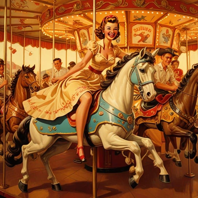 1950s Pin-Up Models Joyfully Ride a Vintage Carousel