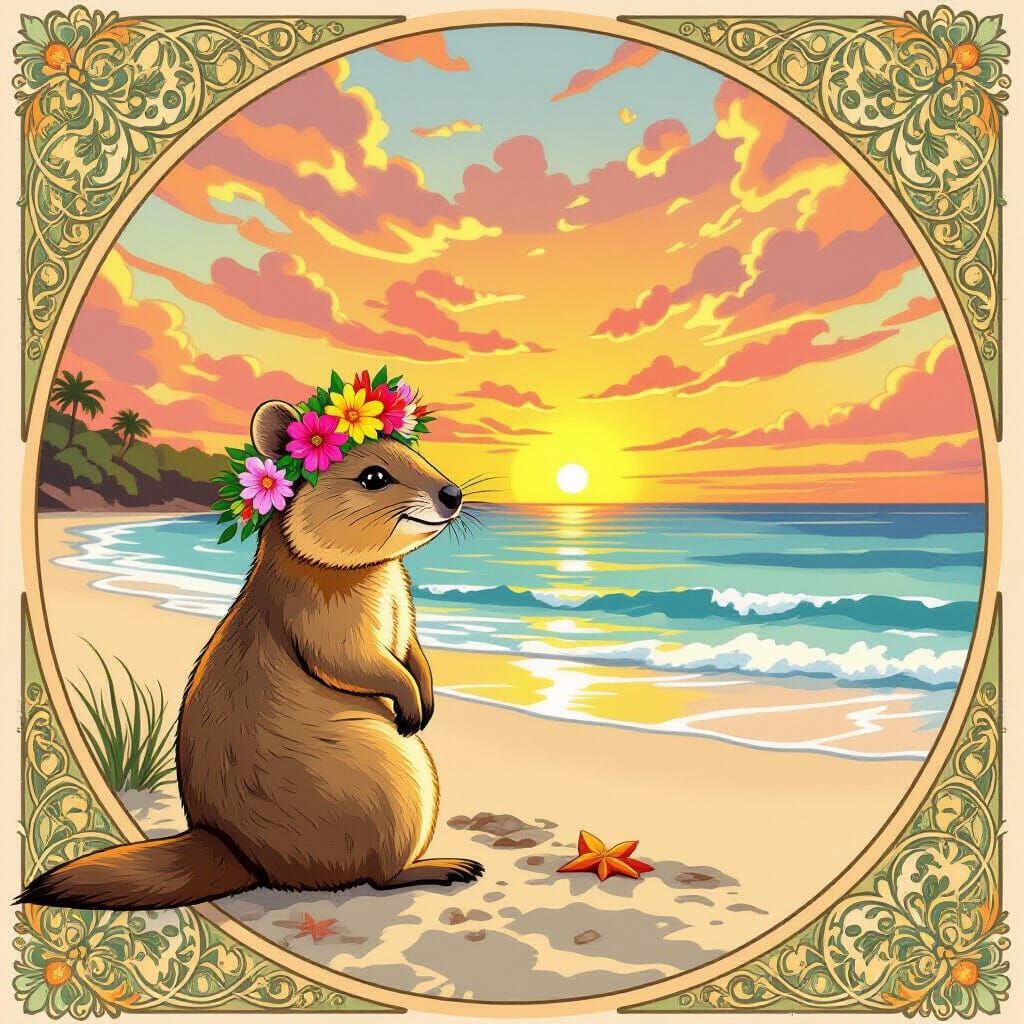 Quokka with Flower Crown at Sunset: Art Nouveau