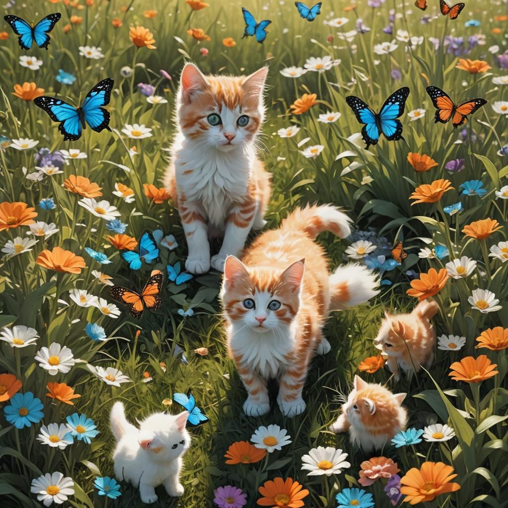 Kittens Play in a Sunny Flower Meadow