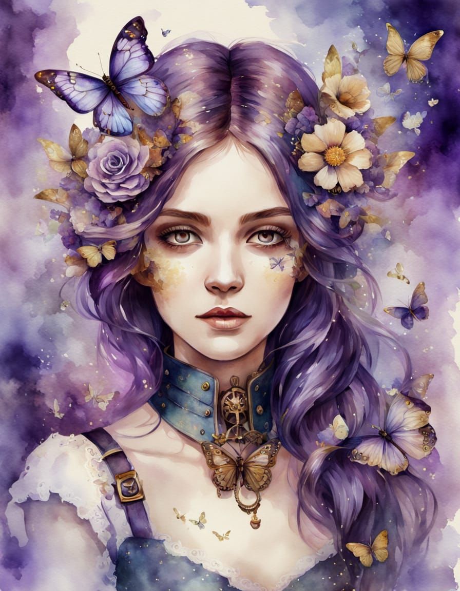 Steampunk Woman with Flowers in Watercolor Style