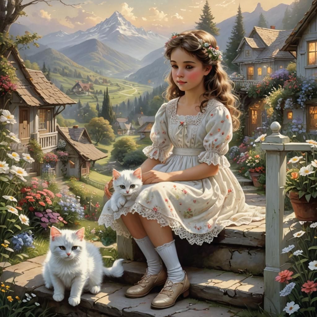 Girl with Kitten in Ethereal Mountain Landscape