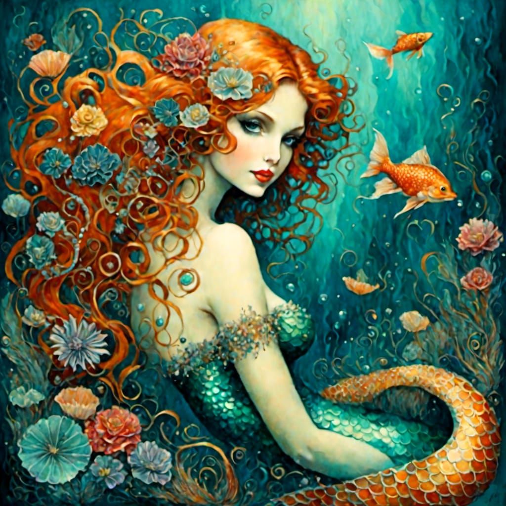 Mermaid with Gradient Tail in Loose Mixed-Media Illustration