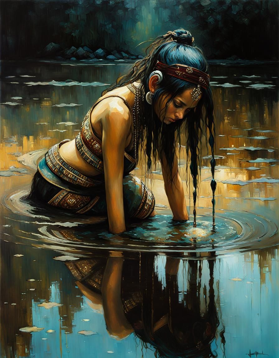 Aztec Girl Reflected in Water, Oil Painting Style