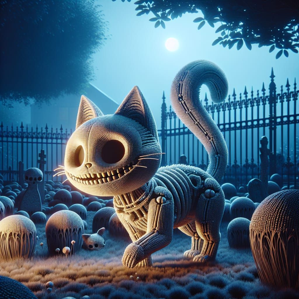 Grinning Cat Skeleton Walks in Twilight Graveyard