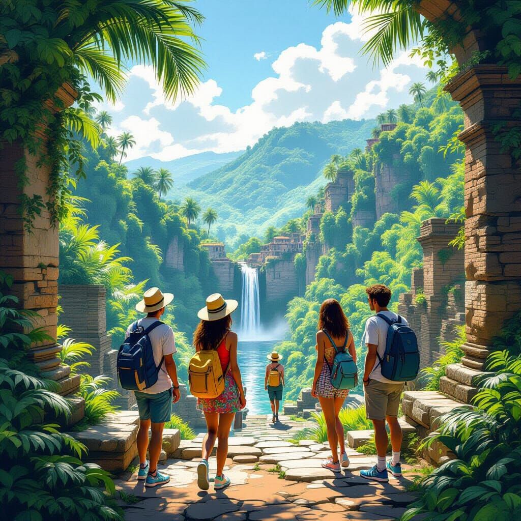 Roman Ruins Visited by Tourists in Tropical Jungle