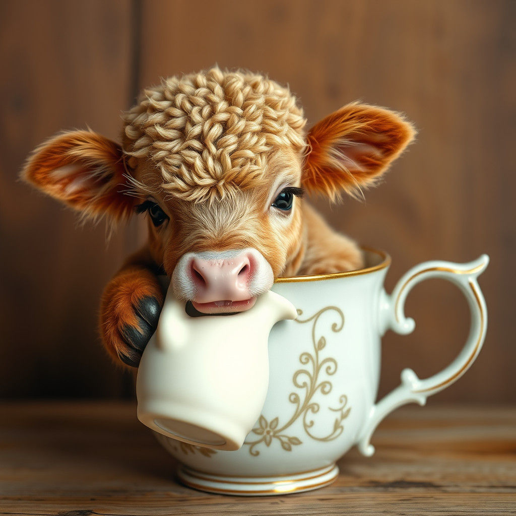 Adorable Furry Calf in Mug, Hyper-Realistic