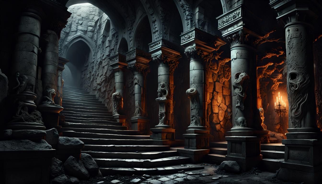 Gothic Catacombs with Grotesque Stone Statues