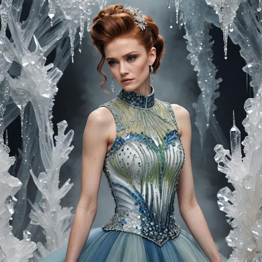 Woman in Crystal Dress in Opulent Ballroom