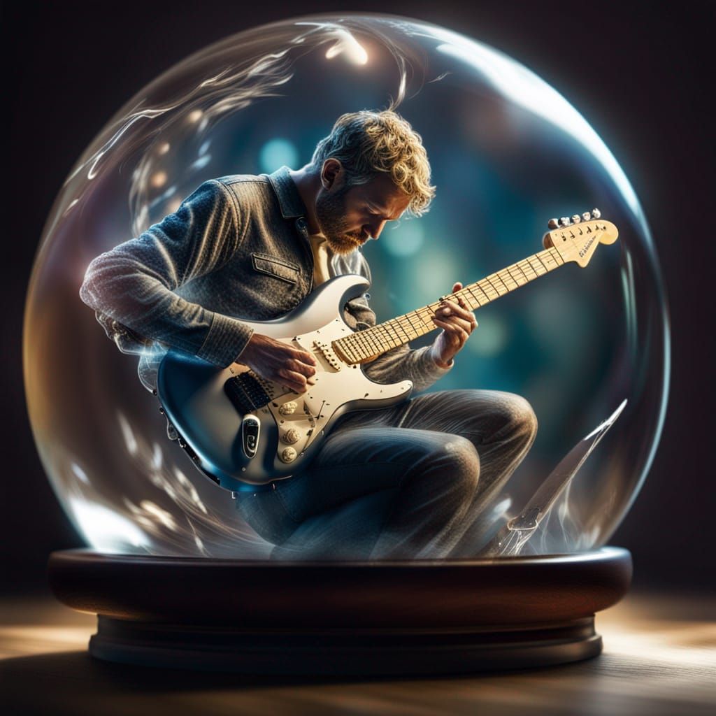 Guitarist Inside Glass Sphere: Photorealistic CGI Art