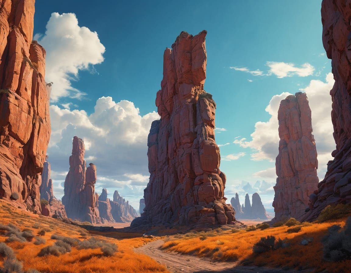 Surreal Landscape in Golden Hour, Inspired by Syd Mead and R...