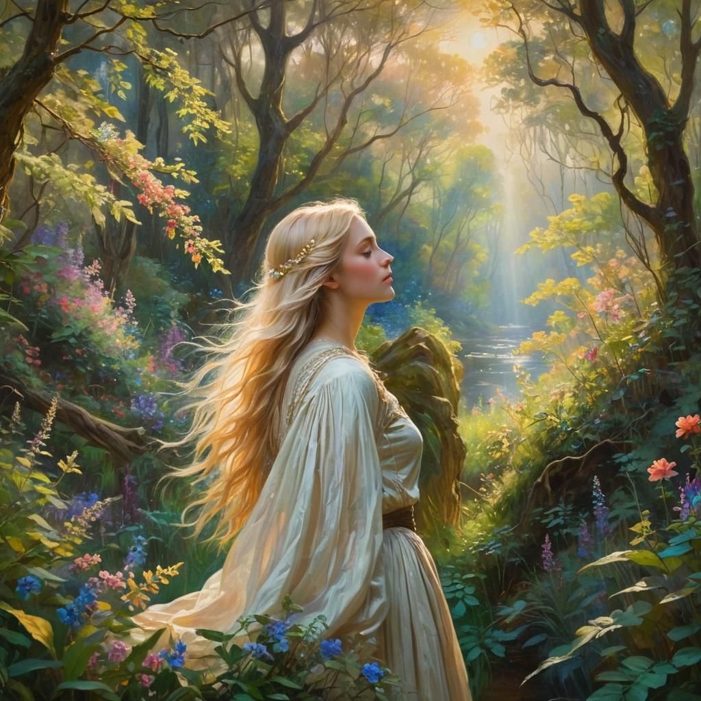 Ethereal Forest Painting of Woman in Dream Landscape