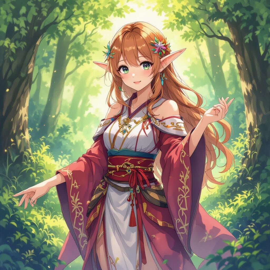 Anime Elf Girl in Vibrant Forest, Watercolor Style