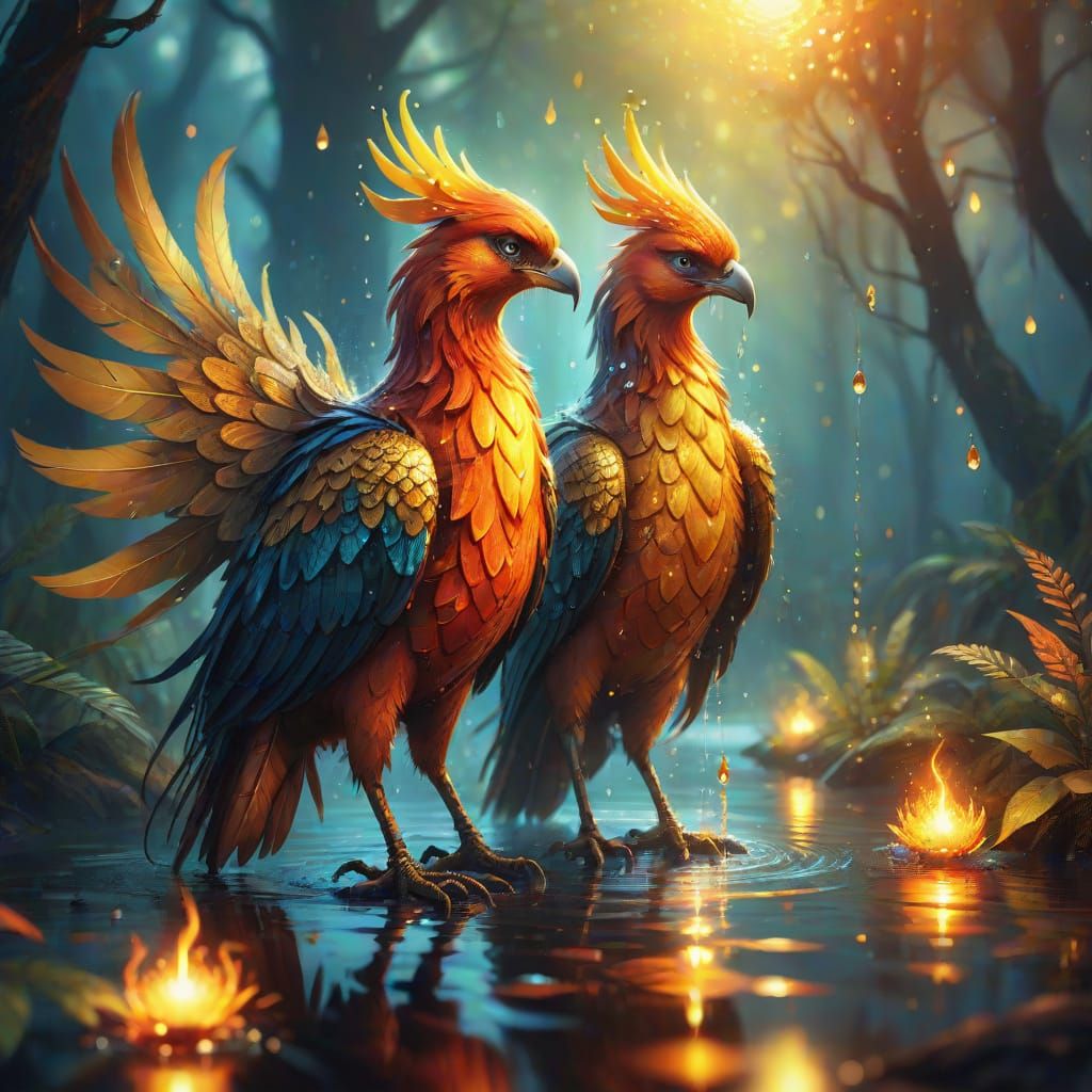 Phoenix Drinks in Mystical Forest: Mythic Fantasy Art