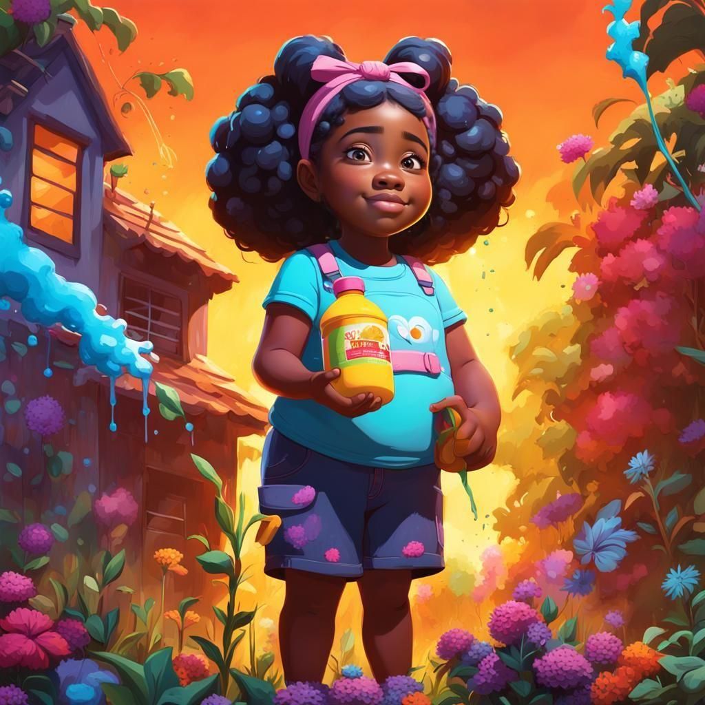 Girl Helping Dad in Garden: Graffiti Art Style