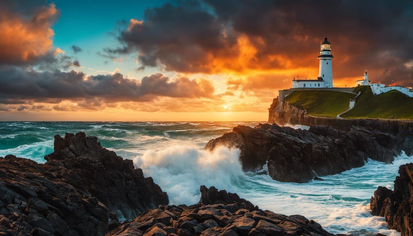 Crashing Waves Seascape with Lighthouse at Sunset