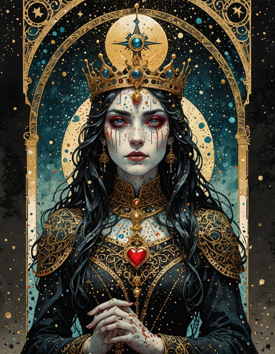 Heart Queen Tarot Card in Pointillism Style
