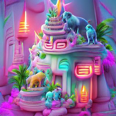Neon Jungle Temple with Animals in 8K
