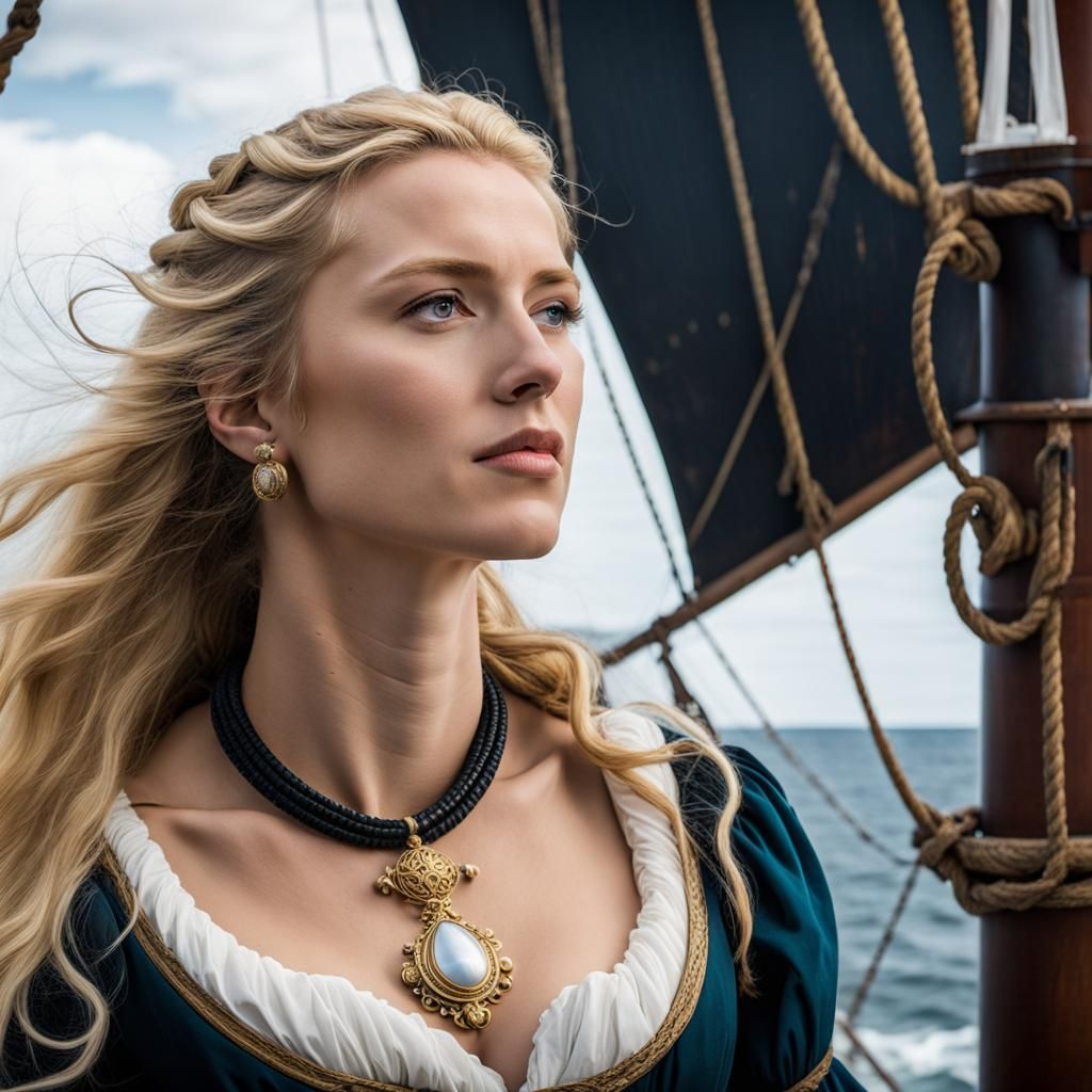 Hopeful Woman on Corsair Ship Stares at Horizon