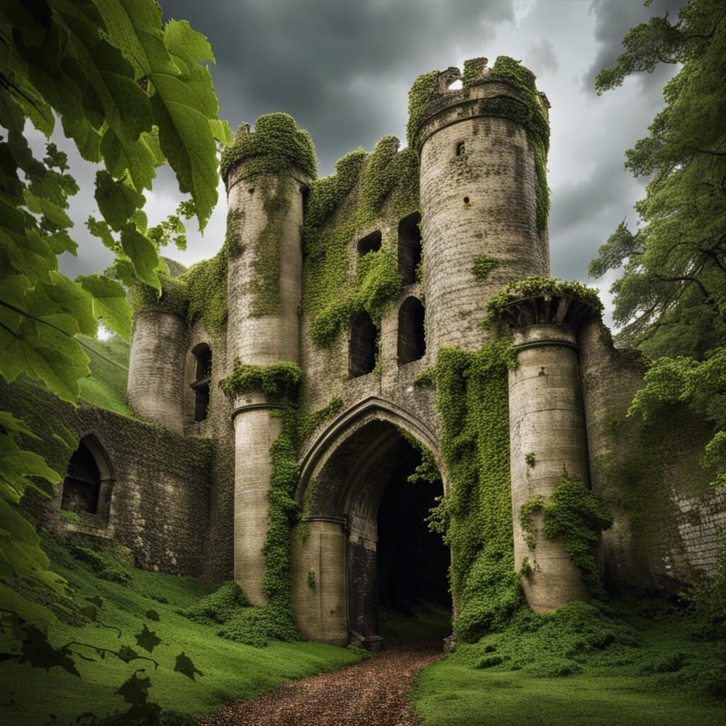 Weathered Stone Castle Ruins Under Overcast Sky