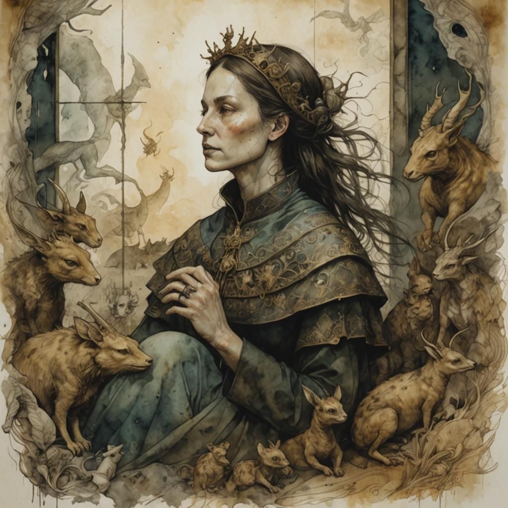 Midwife Surrounded by Bestiary Creatures in Mixed Media