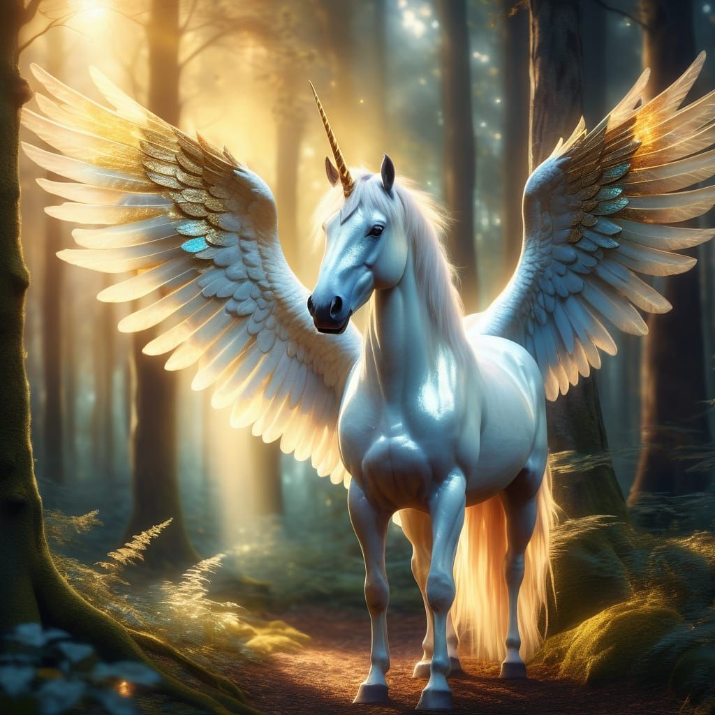 Majestic Winged Unicorn in a Forest Oil Painting